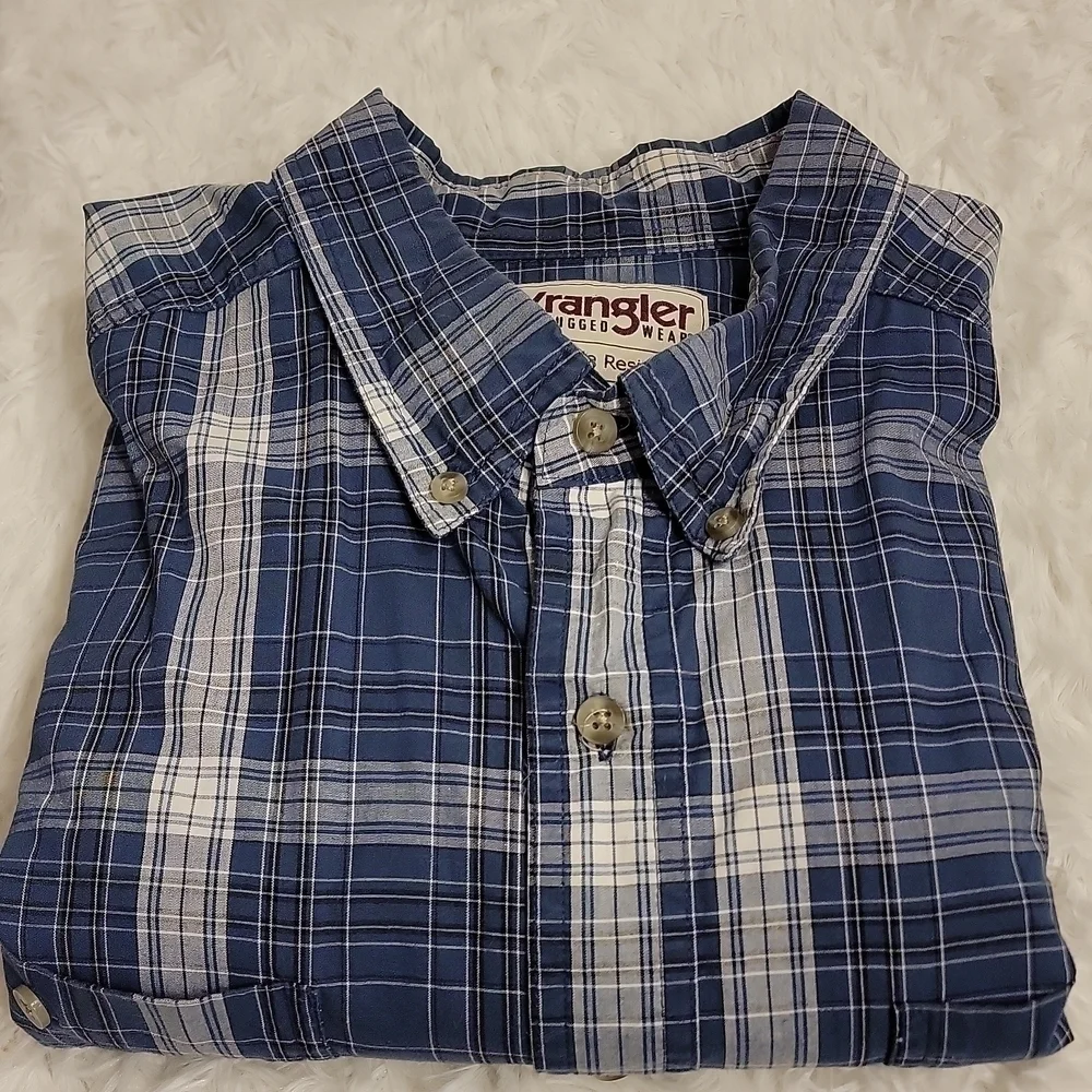 WRANGLER Rugged Wear Blue Plaid Long Sleeve Button-down Dress Shirt Size Xxl